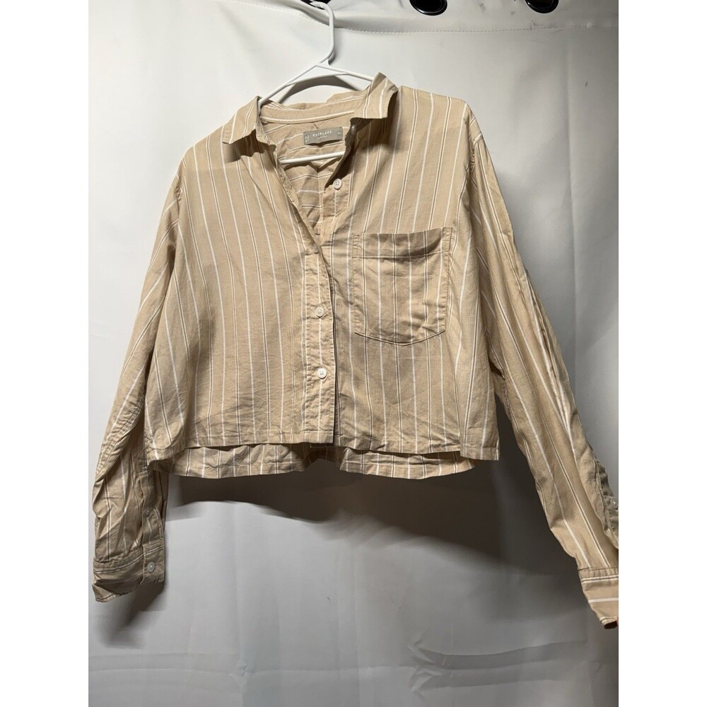 Everlane Organic Cotton Shirt Womens Small Tan White Striped Cropped Button Down